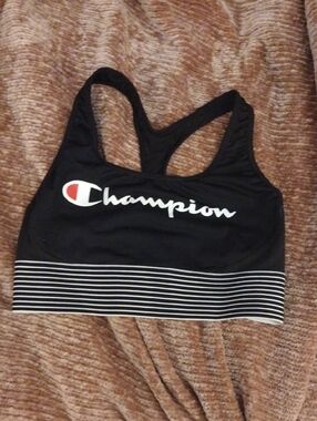 Champion Black Racerback Sports Bra with White Script and Striped Band
